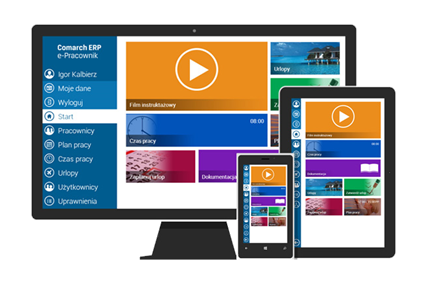 Mockup Comarch ERP e-Pracownik na monitorze komputera, tablecie, Smartphonie